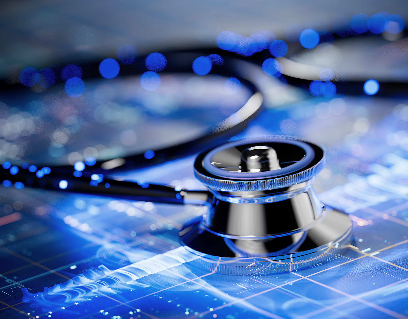 Image of stethoscope resting on a glowing blue digital surface.